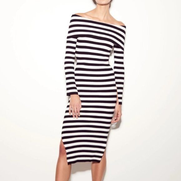 Milly Dresses & Skirts - Milly Black & White Stripe Off The Shoulder Bodycon Side Split Midi Dress Size P